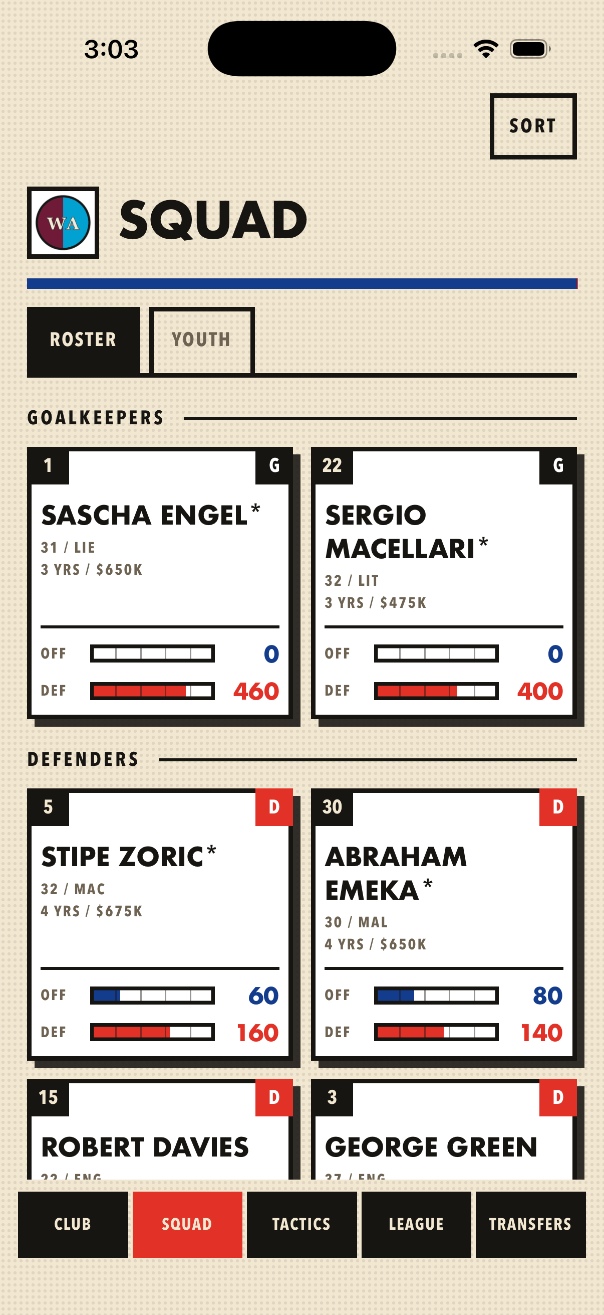 The Squad tab: the roster printed as stickers, each with a shirt number, position, age, contract and its offense and defense bars.