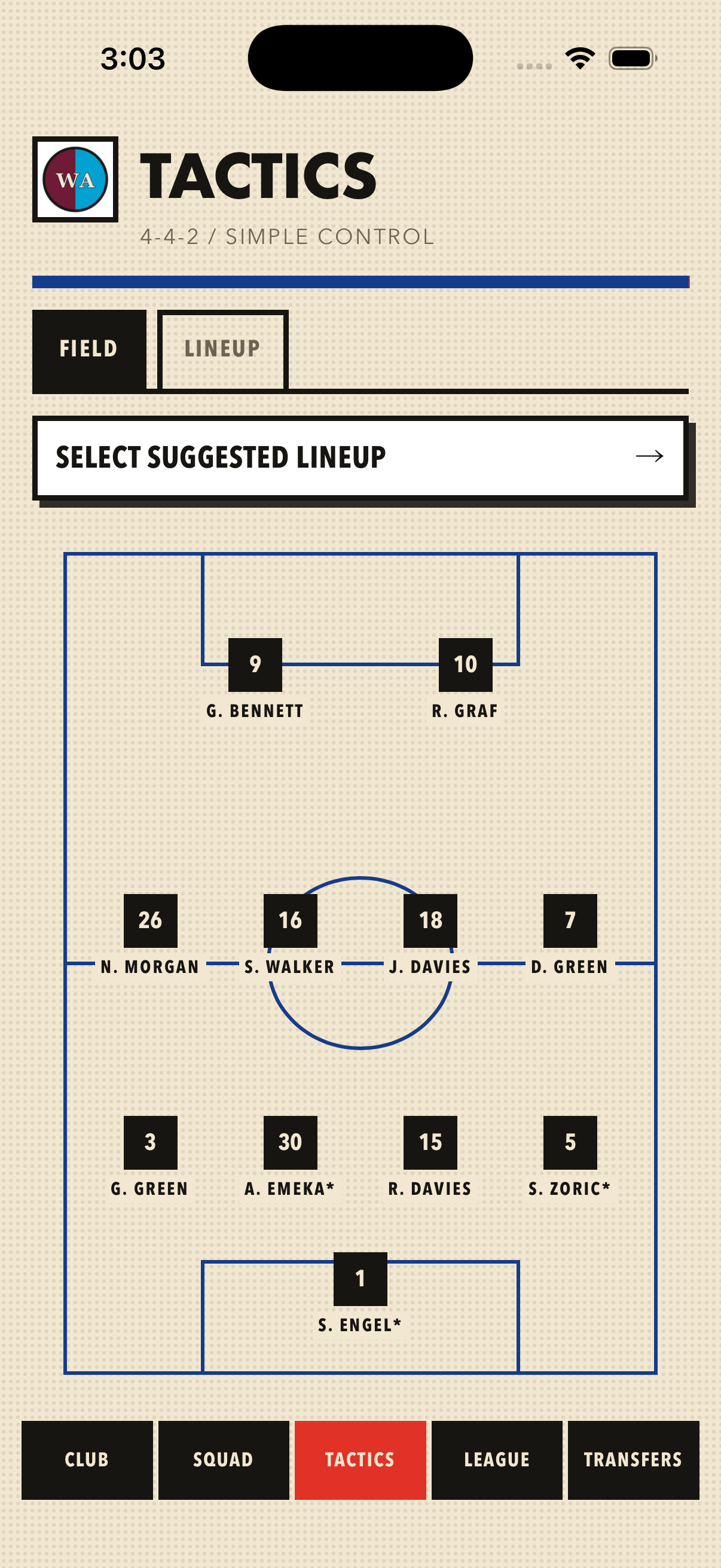 The Tactics tab: a 4-4-2 set out on a coaching diagram in blue ink on cream, each player a numbered ink block.